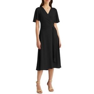 Lauren Georgette Surplice V-Neck Short Flutter Sleeve Gathered Belted Midi Dress
